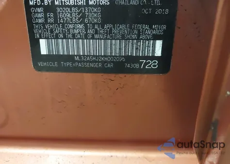 2019 Mitsubishi Mirage Le из США, поврежденный, VIN ML32A5HJ2KH002095